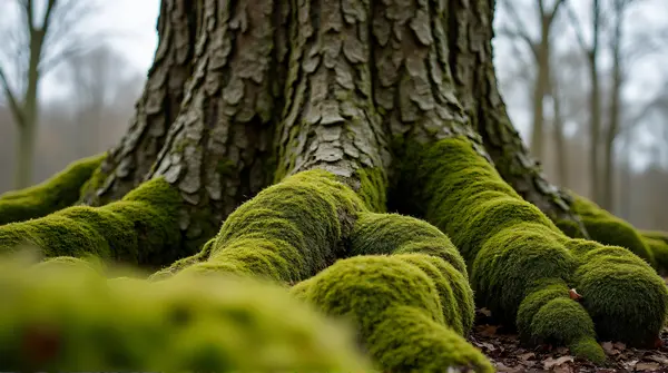 Close-up of an oak tree trunk showing textured bark patterns blending with moss-covered shrubs from a low angle.
