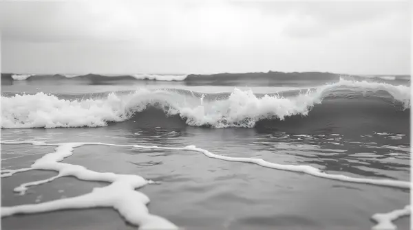 Black and white image of ocean waves crashing against the shore with turbulent ripples and cloudy skies.