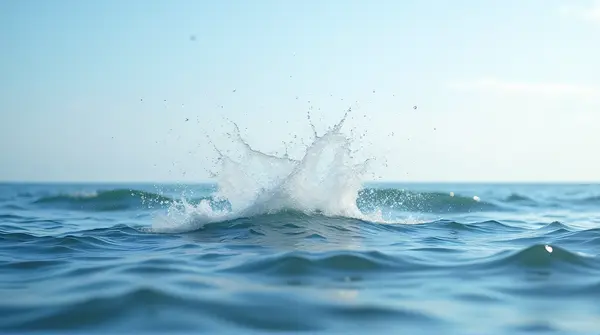 Droplets scatter from a sudden impact on calm ocean waves under a clear sky.