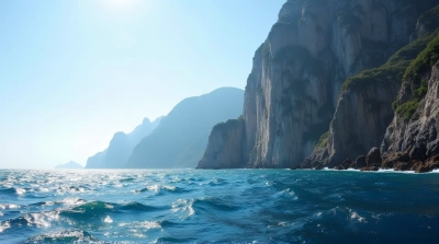 Ocean Meeting Towering Mountain Peak In Sunlight