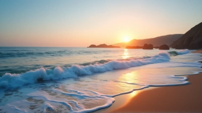 Ocean Sunrise With Gentle Waves And Rocky Cliffs