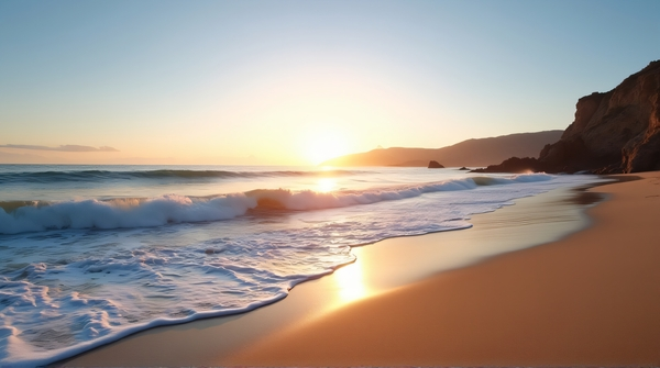 Wide-angle view of ocean waves rolling onto sandy shore at sunrise with rocky cliffs on the horizon under a clear sky.