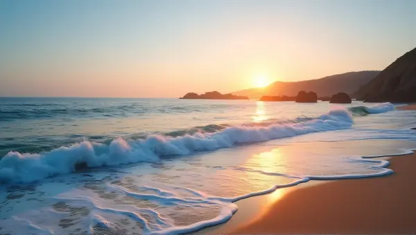 Ocean Sunrise With Gentle Waves And Rocky Cliffs