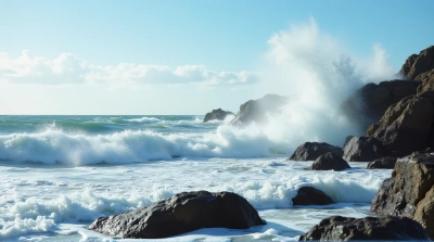 Ocean Swells Crashing On Rugged Rocks