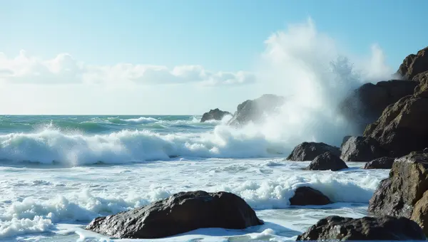 Ocean Swells Crashing On Rugged Rocks