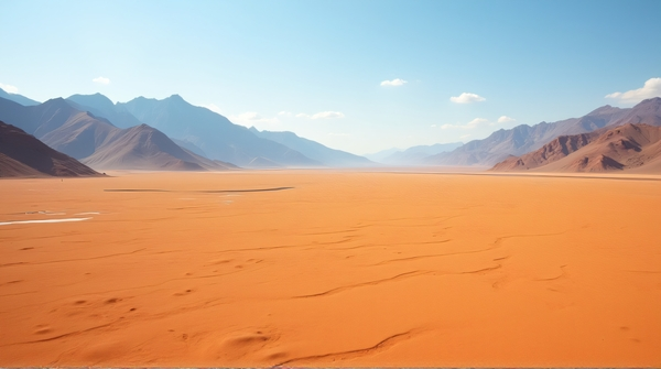 Low angle view of an ocher plain stretching toward jagged peaks under sunlight casting long shadows.
