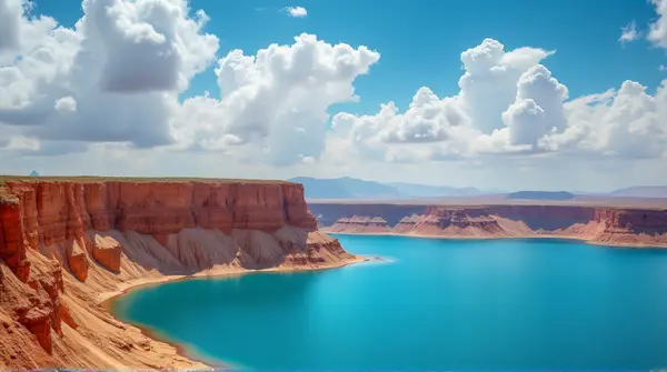 Ochre Cliff Overlooking Azure Reservoir In Daylight