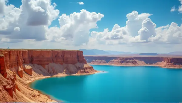 Ochre Cliff Overlooking Azure Reservoir In Daylight