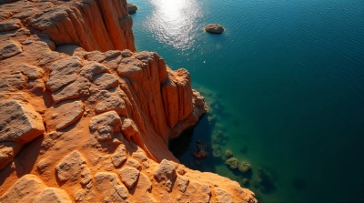 Ochre Cliff Rising Above Shimmering Lake Surface