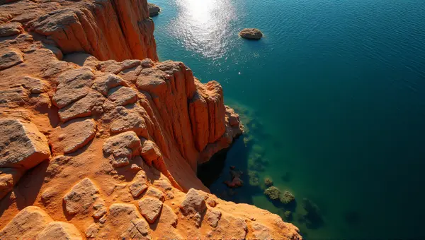 Ochre Cliff Rising Above Shimmering Lake Surface