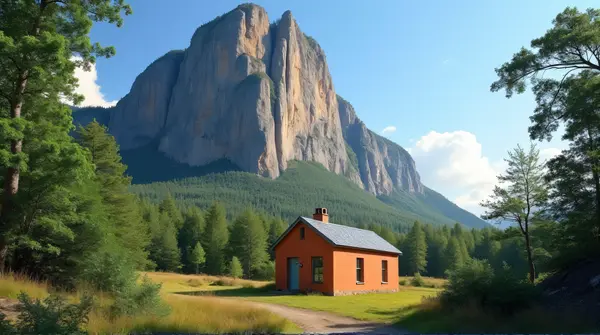 Ochre Cottage Near Rocky Peak Surrounded by Greenery