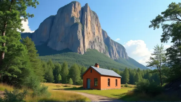 Ochre Cottage Near Rocky Peak Surrounded by Greenery