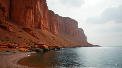 Ochre Escarpment Beside Expansive Lake View
