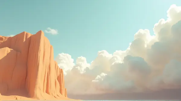 Low-angle view of an ochre escarpment against pale cerulean sky with soft ivory clouds