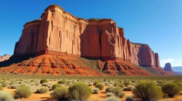Tall ochre escarpment with shadows and sparse green shrubs under a clear blue sky