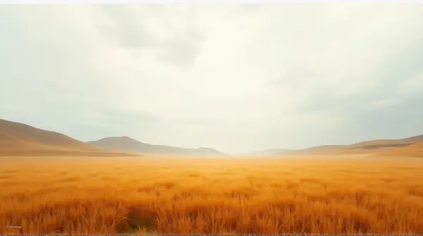 Expansive ochre meadow stretching to rolling hills under a soft overcast sky with diffuse white clouds.