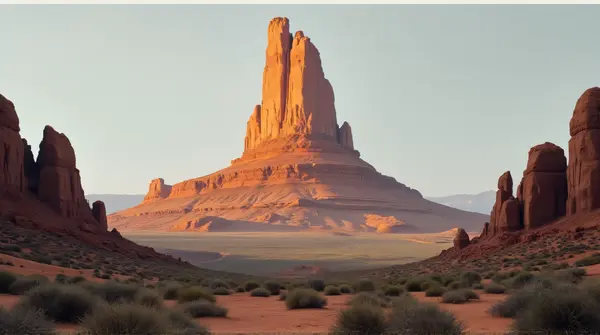 Tall ochre peak rising sharply with sparse vegetation and jagged rocks in front against a gray sky