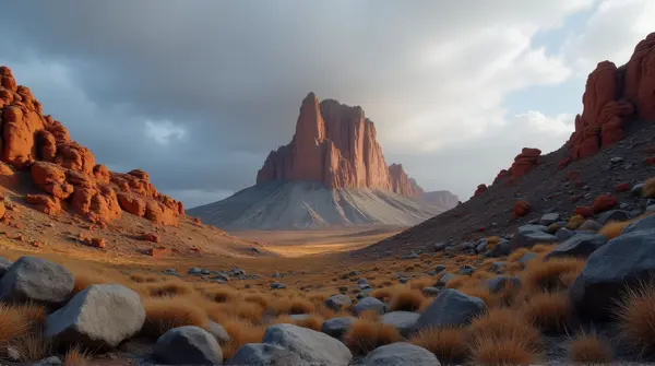 Rugged ochre peak with rocky slopes and sparse vegetation under a slate-colored sky.