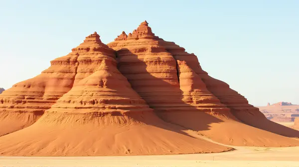 Ochre sedimentary cliffs sharply rising with sunlight and defined shadows under a clear sky