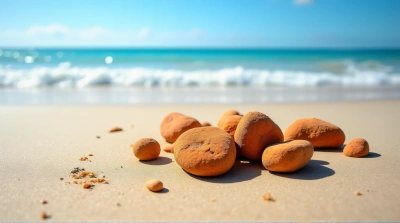 Ochre Stones Scattered On Sandy Beach Under Blue Sky