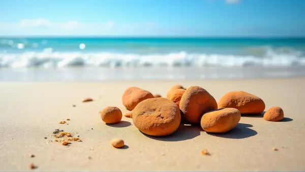 Ochre Stones Scattered On Sandy Beach Under Blue Sky