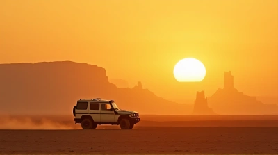 Off-Road Car Crossing Arid Plains At Sunset