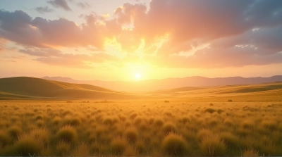 Open Meadow Landscape Under Warm Amber Light