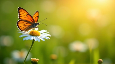 Orange Butterfly on White Daisy in Morning Light