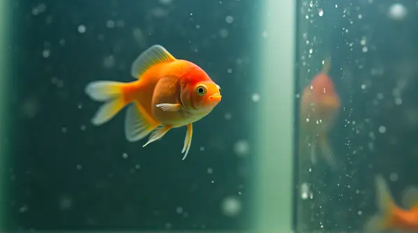 Bright orange fish swimming close to the glass of a round tank with light creating rippling patterns.