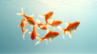 Orange Goldfish Swirling In Blue Background