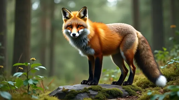 Orange Silver Fox On Mossy Rock In Forest
