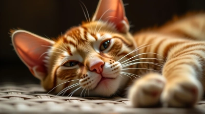 Orange Striped Cat Lounging On Woven Mat