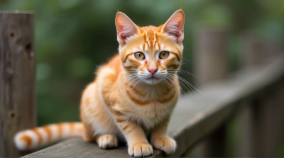 Orange Tabby Cat Close-Up On Wooden Fence