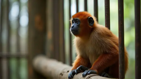 Orangutan On Branch In Zoo Enclosure