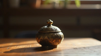Ornate Engraved Container On Wooden Table
