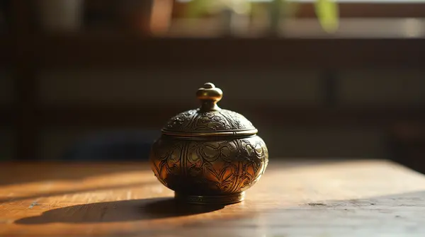 Ornate Engraved Container On Wooden Table