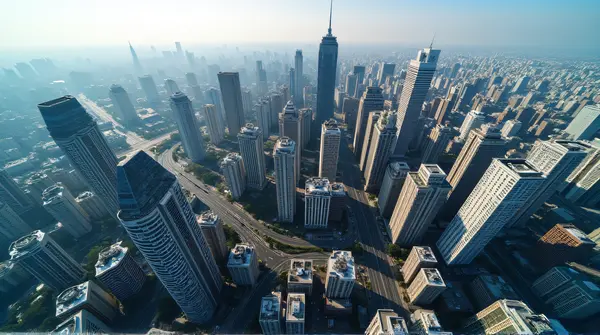 Overhead Clustered Skyscrapers With Geometric Rooftops