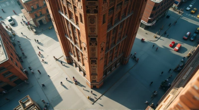 Overhead Geometric Facade With Busy Street Life