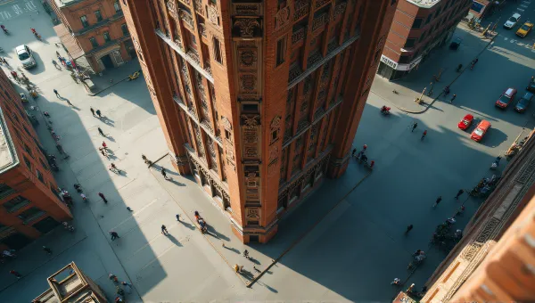 Overhead Geometric Facade With Busy Street Life