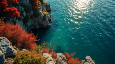 Overhead Red And Green Foliage By Shimmering Water