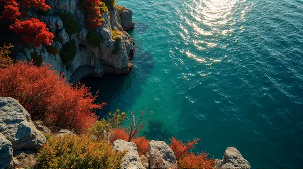 Top view of red and green foliage next to a sparkling water surface with uneven land under soft daylight