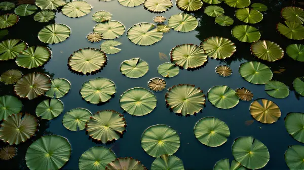 Overhead Shot Of Water Lilies On Reflective Pond