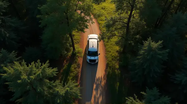 Top-down view of a vehicle surrounded by dense trees with sunlight casting shadows through the canopy