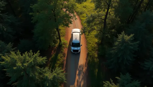 Overhead View Of Car Among Dense Trees With Sunlight