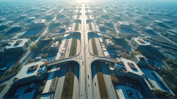 Overhead perspective showcasing intricate road and structure patterns with clear sky and shadows