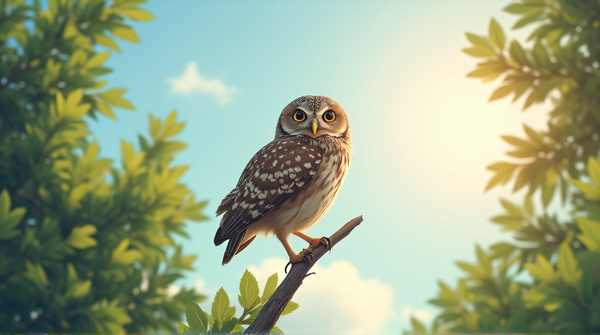 Owl resting on a slender perch surrounded by green foliage with soft sunlight filtering through