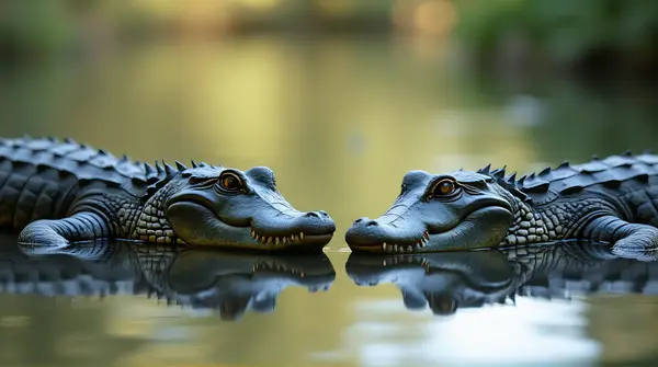 Pair Of Slate Crocodilians Resting On Reflective Surface