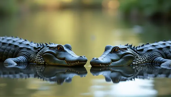 Pair Of Slate Crocodilians Resting On Reflective Surface