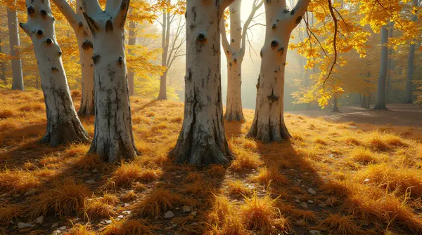 Cluster of pale barked trunks with golden foliage and sunlight casting intricate shadows on the ground.