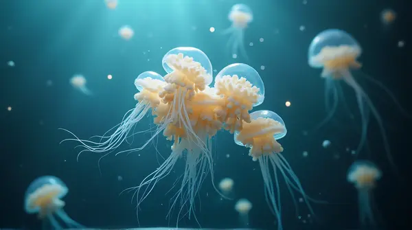 Cluster of pale bell-shaped jellyfish with delicate tentacles drifting in softly lit water currents